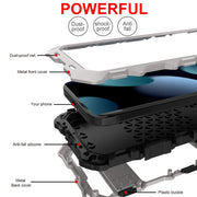 For iPhone 15 R-JUST Metal + Silicone + Tempered Glass Life Water-resistant Phone Case with Holder(Silver)