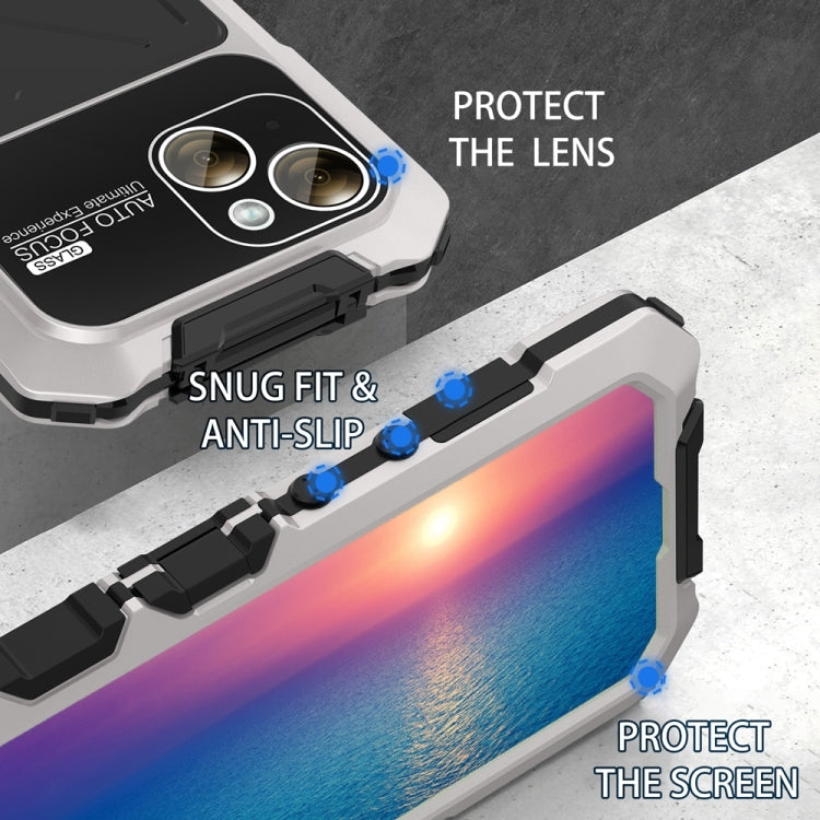For iPhone 15 R-JUST Metal + Silicone + Tempered Glass Life Water-resistant Phone Case with Holder(Silver)