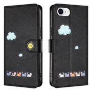 For iPhone 16e Cartoon Cats Leather Phone Case(Black)