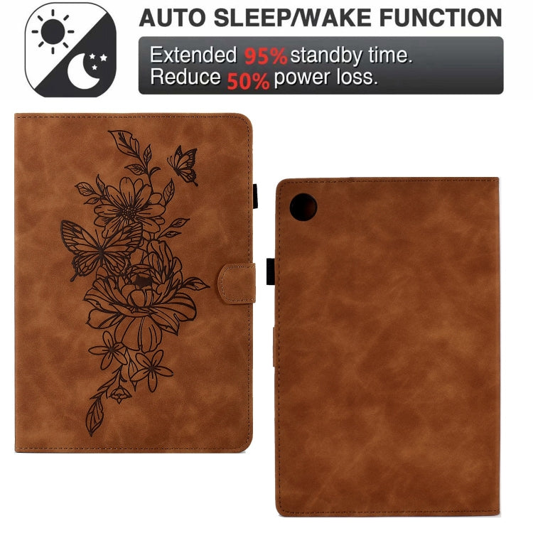 For Samsung Galaxy Tab A9+ Peony Butterfly Embossed Leather Smart Tablet Case(Brown) - Galaxy Tab A9+ by PMC TechLife | Online Shopping South Africa | PMC TechLife