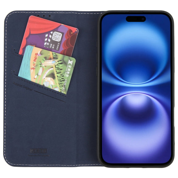 For iPhone 16 GEBEI Top-grain Horizontal Flip Leather Phone Case(Blue)