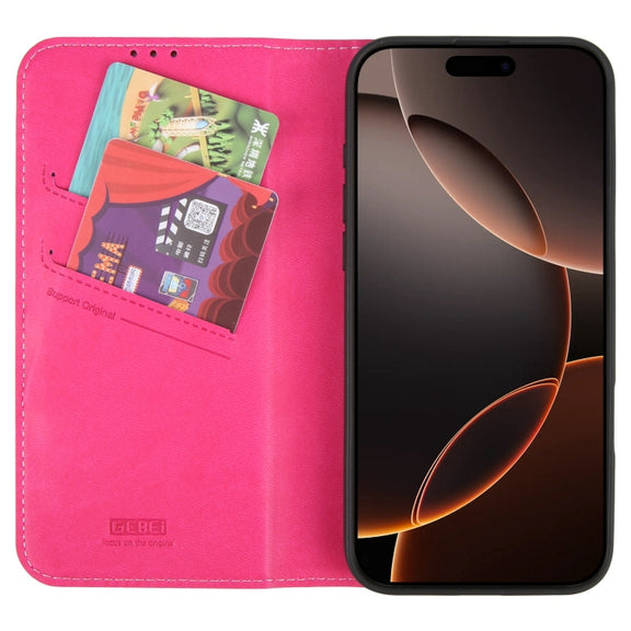 For iPhone 16 Pro GEBEI Top-grain Horizontal Flip Leather Phone Case(Rose Red)