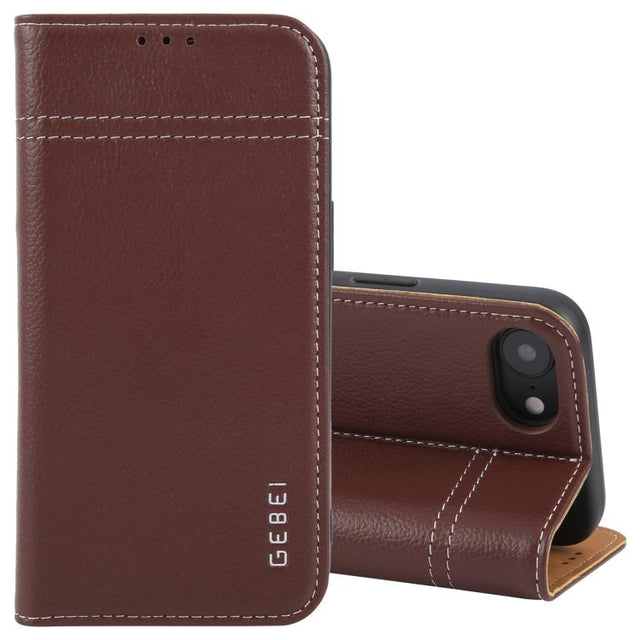 For iPhone 16e GEBEI Top-grain Horizontal Flip Leather Phone Case(Brown)