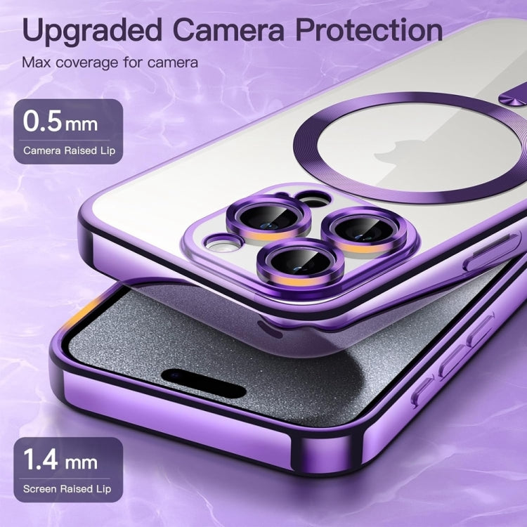 For iPhone 16 Pro Transparent Electroplated Magsafe Magnetic TPU Phone Case(Purple)