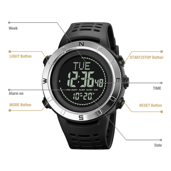 Shimei 2096 Multifunctional Men 50M Water-resistant Compass Noctilucent Digital Wrist Watch(Silver)