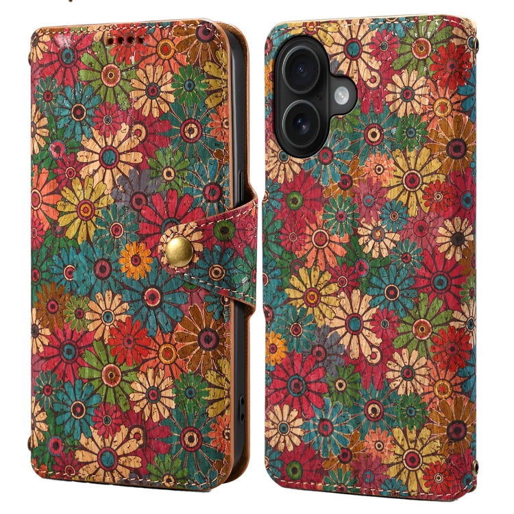 For iPhone 16 Denior Flower Language Series Cork Fabric Oil Edge Leather Phone Case(Spring) - free shipping - PMC Jewellery - Order now!
