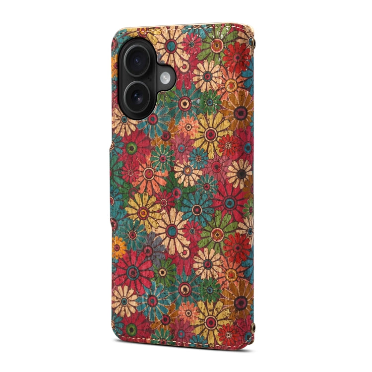 For iPhone 16 Denior Flower Language Series Cork Fabric Oil Edge Leather Phone Case(Spring) - free shipping - PMC Jewellery - Order now!