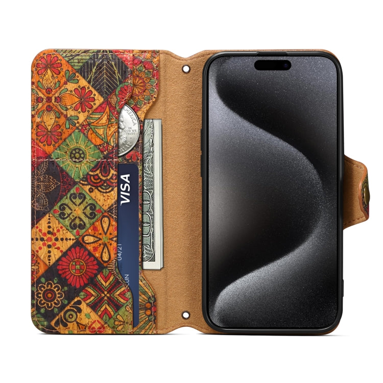 For iPhone 16 Denior Flower Language Series Cork Fabric Oil Edge Leather Phone Case(Autumn)