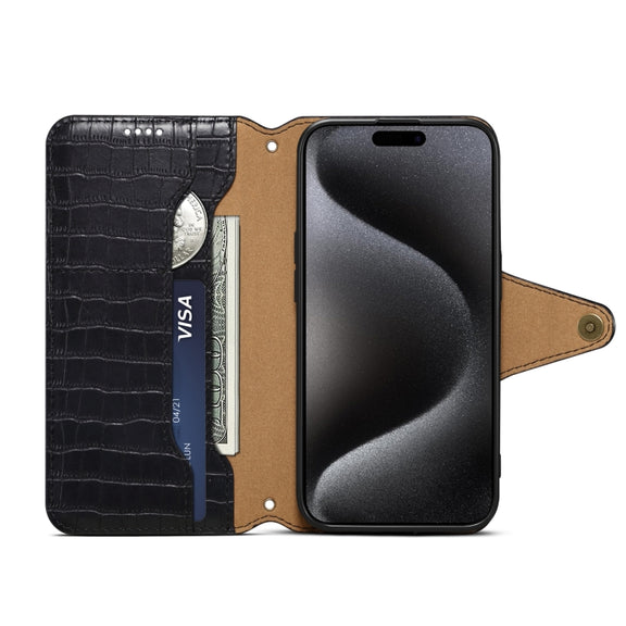 For iPhone 16 Pro Denior Crocodile Texture Oil Edge Leather Phone Case(Black)