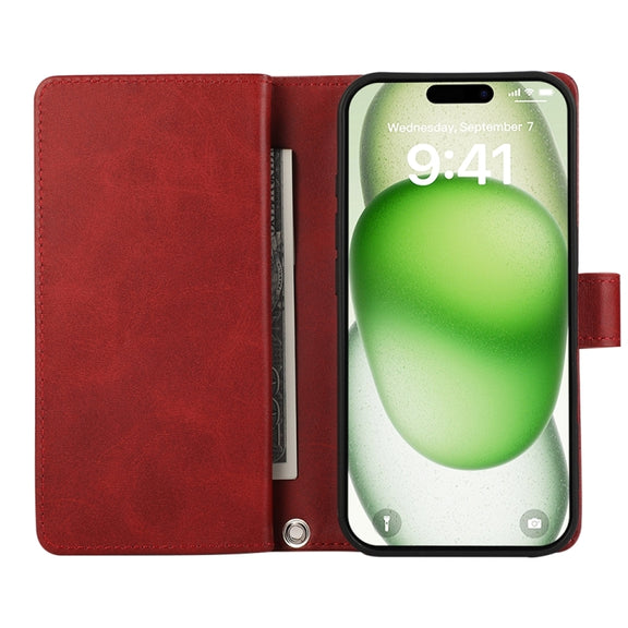For iPhone 16 Plus Wristband Card Slot Leather Phone Case(Red)