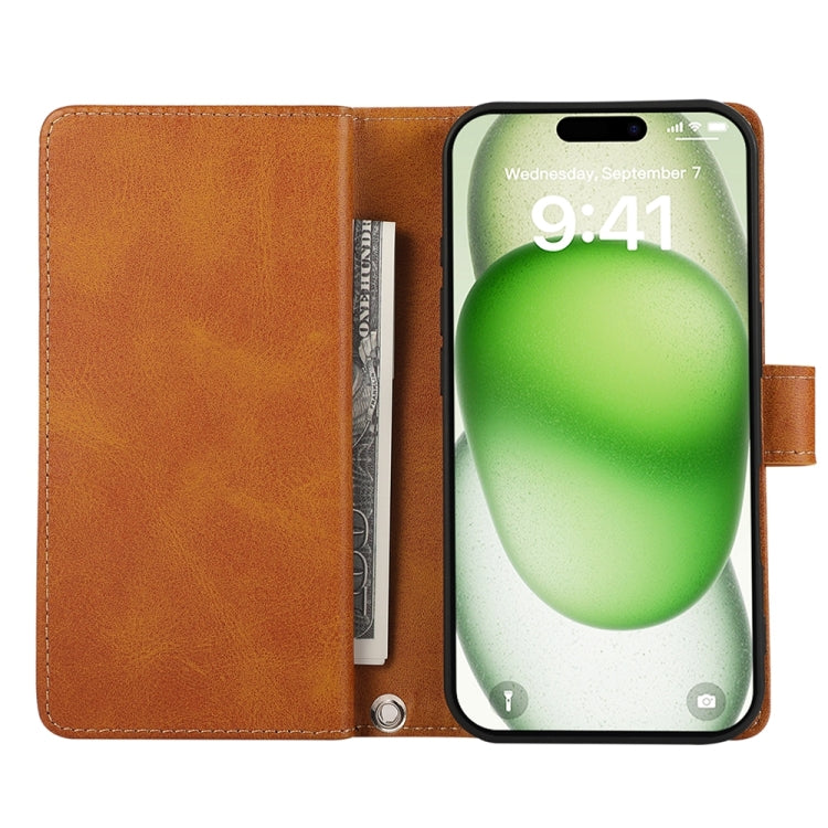 For iPhone 16 Wristband Card Slot Leather Phone Case(Brown)