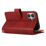 For iPhone 16 Wristband Card Slot Leather Phone Case(Red)