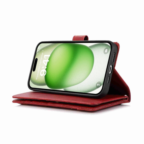 For iPhone 16 Wristband Card Slot Leather Phone Case(Red)