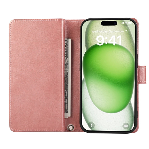 For iPhone 16 Wristband Card Slot Leather Phone Case(Rose Gold)