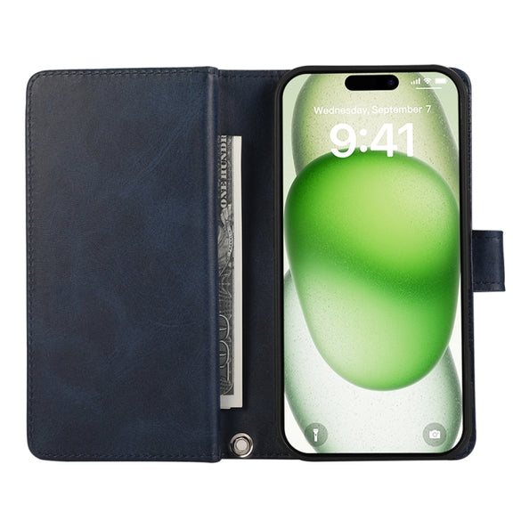 For iPhone 16 Wristband Card Slot Leather Phone Case(Blue)