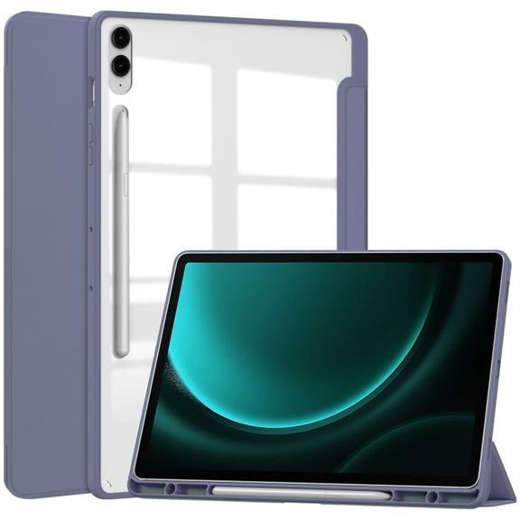 For Samsung Galaxy Tab S9 FE+ / S10+ Acrylic 3-folding Smart Leather Tablet Case with Pen Slot(Lavender)