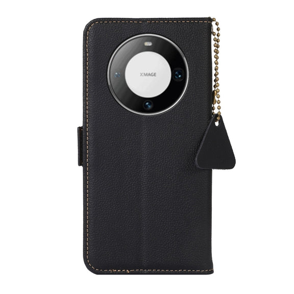 For Huawei Mate 60 Pro Side-Magnetic TJ Genuine Leather RFID Phone Case(Black)