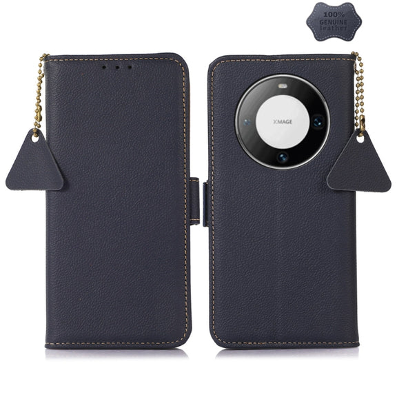 For Huawei Mate 60 Pro Side-Magnetic TJ Genuine Leather RFID Phone Case(Blue)