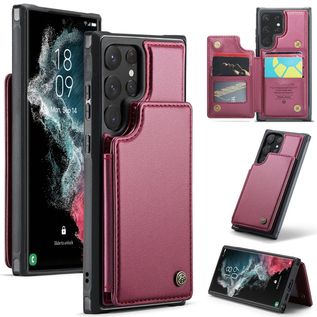 For Samsung Galaxy S22 Ultra 5G CaseMe C22 Card Slots Holder RFID Anti-theft Phone Case(Wine Red)