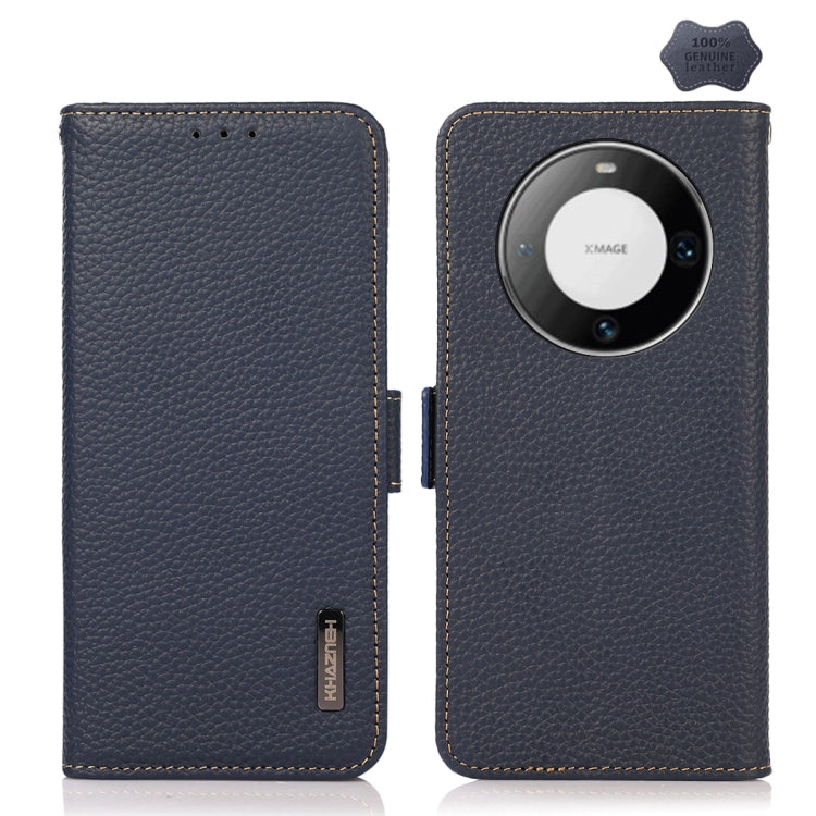 For Huawei Mate 60 KHAZNEH Side-Magnetic Litchi Genuine Leather RFID Case(Blue) - Huawei Cases by PMC TechLife | Online Shopping South Africa | PMC TechLife | Buy Now Pay Later Mobicred