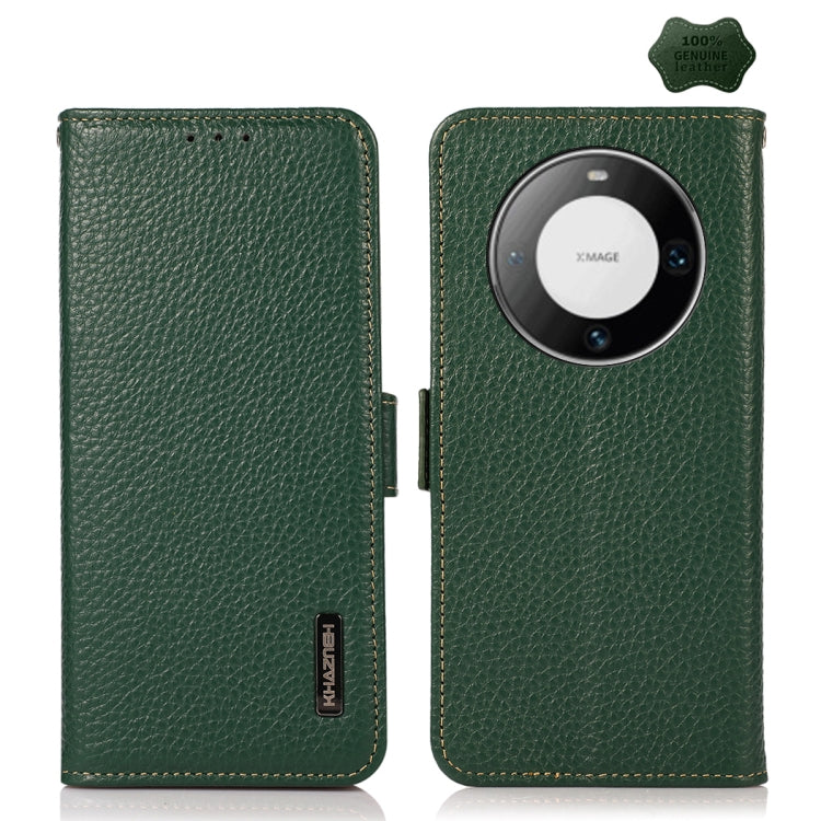 For Huawei Mate 60 KHAZNEH Side-Magnetic Litchi Genuine Leather RFID Case(Green) - Huawei Cases by PMC TechLife | Online Shopping South Africa | PMC TechLife | Buy Now Pay Later Mobicred