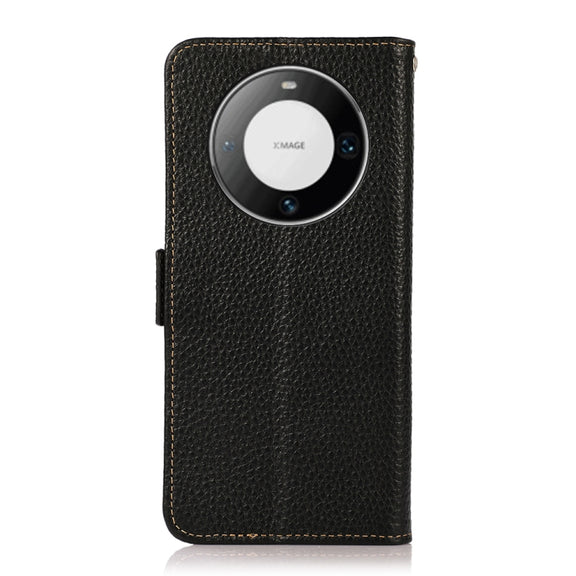 For Huawei Mate 60 Pro KHAZNEH Side-Magnetic Litchi Genuine Leather RFID Case(Black)