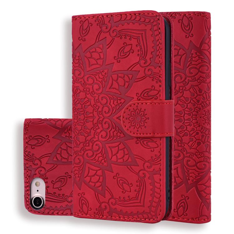 For iPhone 16e Mandala Embossed Dual-Fold Calf Leather Phone Case(Red) - iPhone 16e Cases by PMC TechLife | Online Shopping South Africa | PMC TechLife | Buy Now Pay Later Mobicred