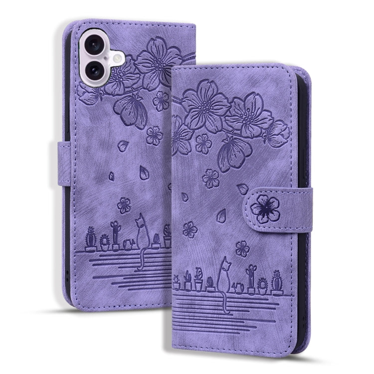 For iPhone 16 Cartoon Sakura Cat Embossed Leather Phone Case(Purple) - iPhone 16 Cases by PMC TechLife | Online Shopping South Africa | PMC TechLife | Buy Now Pay Later Mobicred