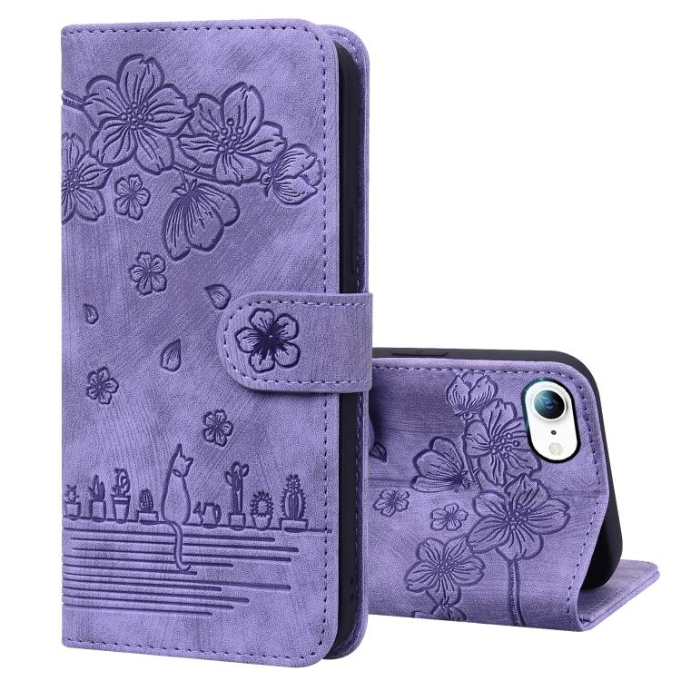 For iPhone 16e Cartoon Sakura Cat Embossed Leather Phone Case(Purple) - iPhone 16e Cases by PMC TechLife | Online Shopping South Africa | PMC TechLife | Buy Now Pay Later Mobicred