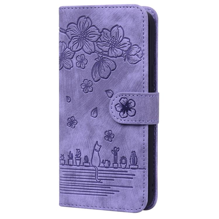 For iPhone 16e Cartoon Sakura Cat Embossed Leather Phone Case(Purple) - iPhone 16e Cases by PMC TechLife | Online Shopping South Africa | PMC TechLife | Buy Now Pay Later Mobicred