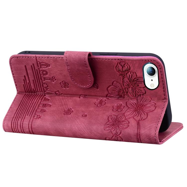For iPhone 16e Cartoon Sakura Cat Embossed Leather Phone Case(Wine Red) - iPhone 16e Cases by PMC TechLife | Online Shopping South Africa | PMC TechLife | Buy Now Pay Later Mobicred
