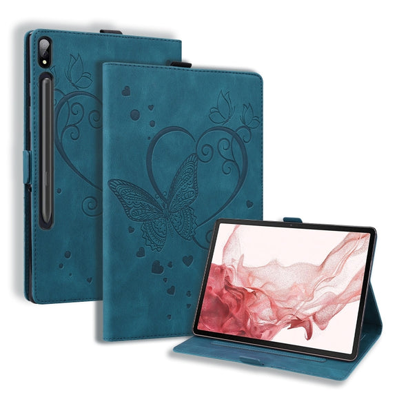 For Samsung Galaxy Tab S9 FE Love Butterfly Embossed Leather Tablet Case(Blue)