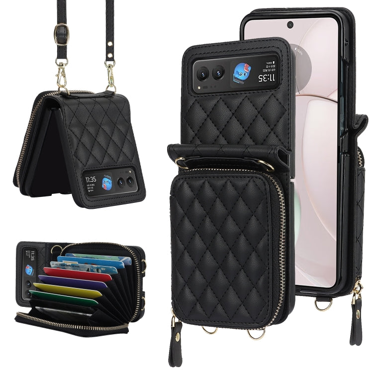 For Motorola Razr 40 Rhombic Texture Card Bag Phone Case with Dual Lanyard(Black) - Motorola Cases by PMC TechLife | Online Shopping South Africa | PMC TechLife | Buy Now Pay Later Mobicred