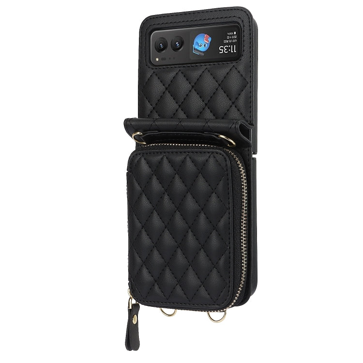 For Motorola Razr 40 Rhombic Texture Card Bag Phone Case with Dual Lanyard(Black)