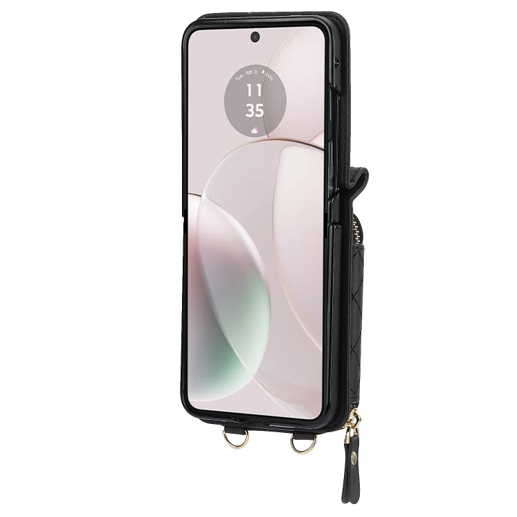 For Motorola Razr 40 Rhombic Texture Card Bag Phone Case with Dual Lanyard(Black) - Motorola Cases by PMC TechLife | Online Shopping South Africa | PMC TechLife | Buy Now Pay Later Mobicred