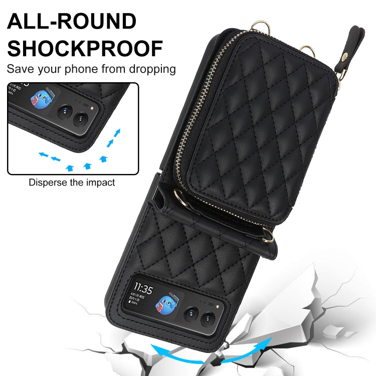 For Motorola Razr 40 Rhombic Texture Card Bag Phone Case with Dual Lanyard(Black) - Motorola Cases by PMC TechLife | Online Shopping South Africa | PMC TechLife | Buy Now Pay Later Mobicred