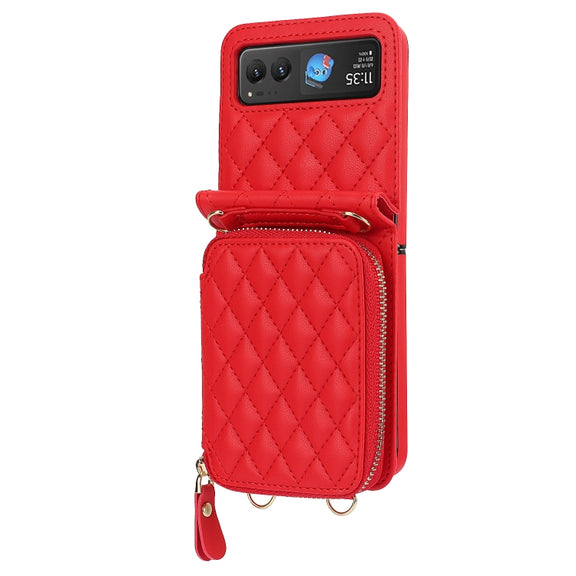 For Motorola Razr 40 Rhombic Texture Card Bag Phone Case with Dual Lanyard(Red)
