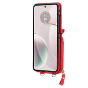 For Motorola Razr 40 Rhombic Texture Card Bag Phone Case with Dual Lanyard(Red)