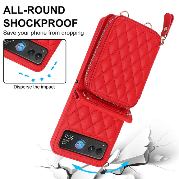 For Motorola Razr 40 Rhombic Texture Card Bag Phone Case with Dual Lanyard(Red)
