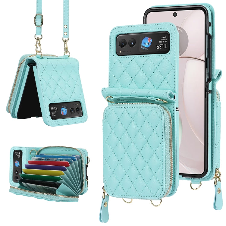 For Motorola Razr 40 Rhombic Texture Card Bag Phone Case with Dual Lanyard(Green) - Motorola Cases by PMC TechLife | Online Shopping South Africa | PMC TechLife | Buy Now Pay Later Mobicred