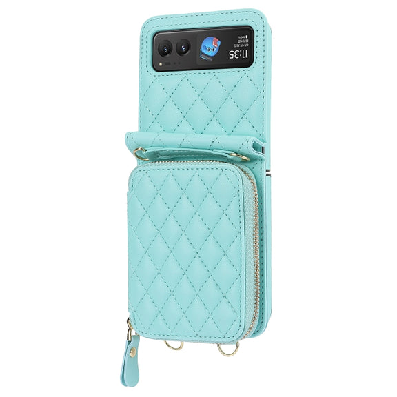 For Motorola Razr 40 Rhombic Texture Card Bag Phone Case with Dual Lanyard(Green)