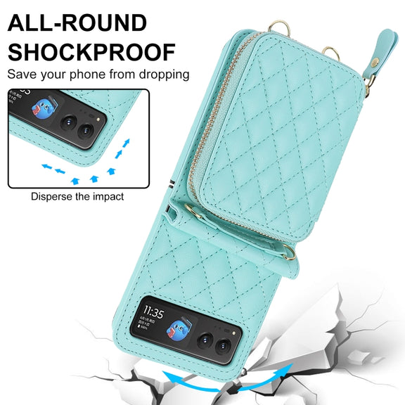 For Motorola Razr 40 Rhombic Texture Card Bag Phone Case with Dual Lanyard(Green)