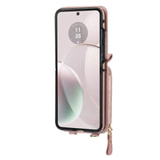 For Motorola Razr 40 Rhombic Texture Card Bag Phone Case with Dual Lanyard(Rose Gold)