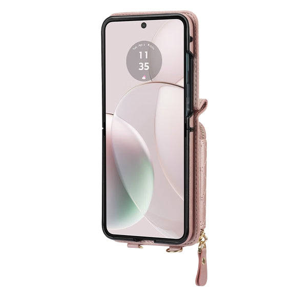 For Motorola Razr 40 Rhombic Texture Card Bag Phone Case with Dual Lanyard(Rose Gold)