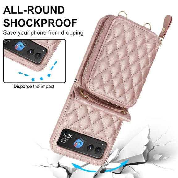 For Motorola Razr 40 Rhombic Texture Card Bag Phone Case with Dual Lanyard(Rose Gold)