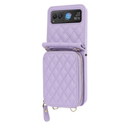 For Motorola Razr 40 Rhombic Texture Card Bag Phone Case with Dual Lanyard(Purple)