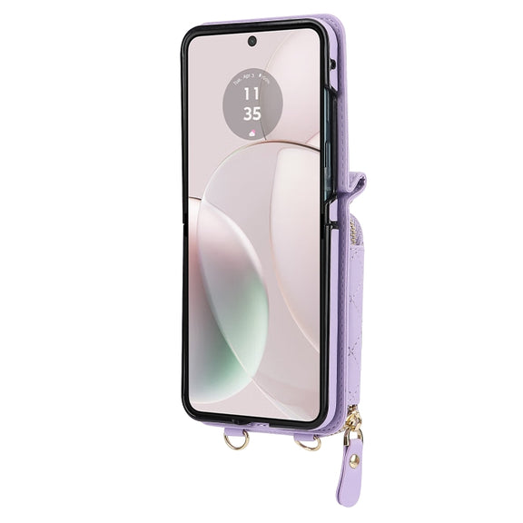 For Motorola Razr 40 Rhombic Texture Card Bag Phone Case with Dual Lanyard(Purple)