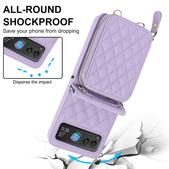 For Motorola Razr 40 Rhombic Texture Card Bag Phone Case with Dual Lanyard(Purple)