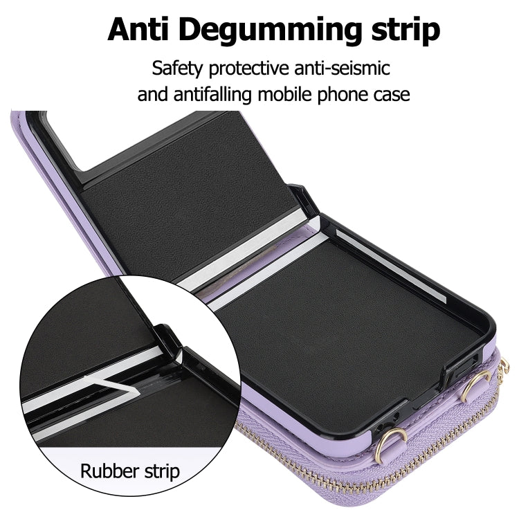 For Motorola Razr 40 Rhombic Texture Card Bag Phone Case with Dual Lanyard(Purple)