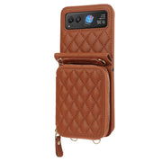 For Motorola Razr 40 Rhombic Texture Card Bag Phone Case with Dual Lanyard(Brown)